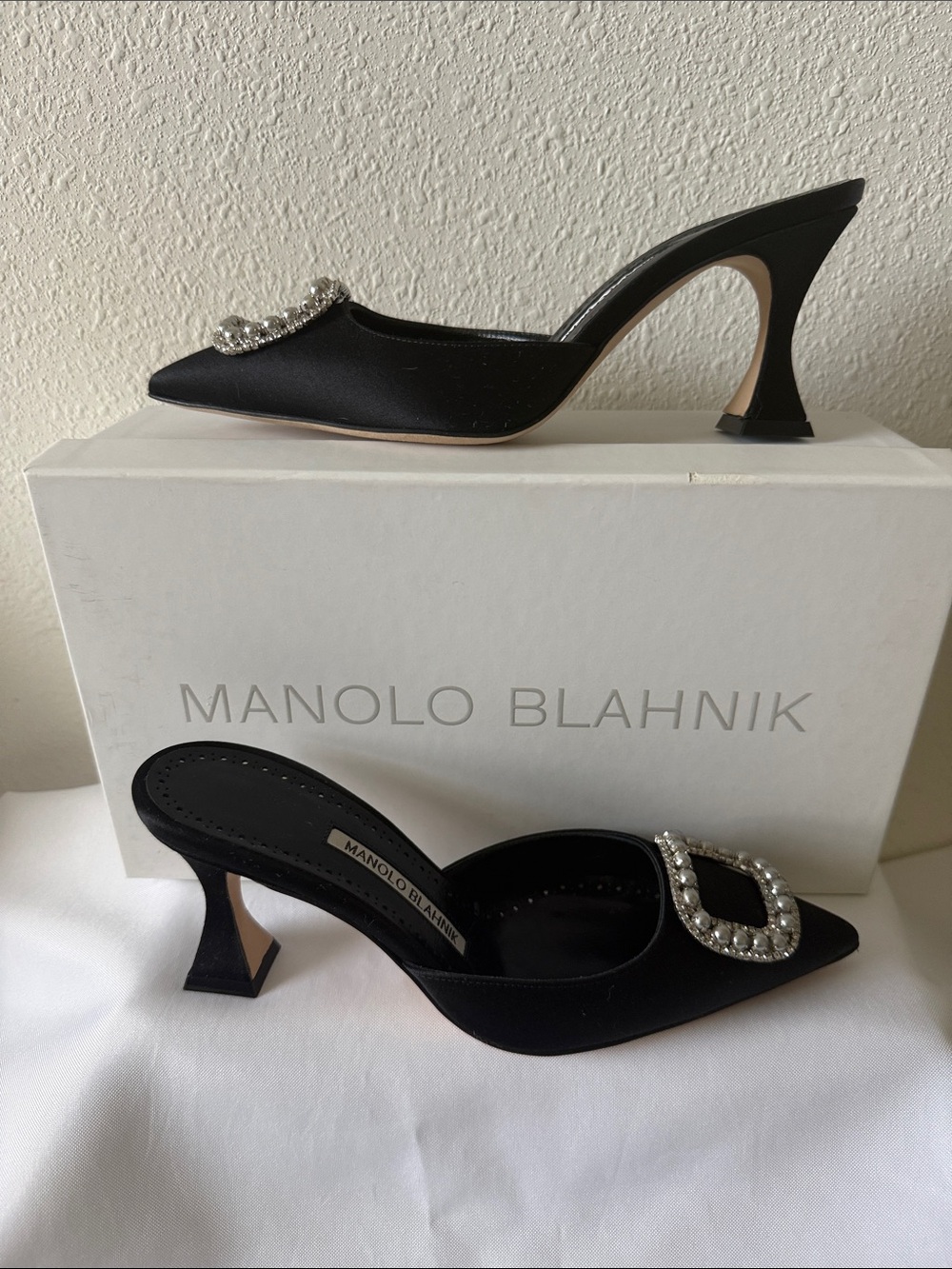 Manolo Blahnik Black Satin Pointed Mule with Crystal Embellished Buckle